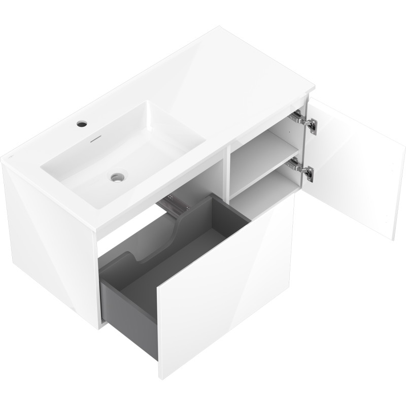 Mexen Orio 100 cm bathroom cabinet with left Otis sink, 1S, 1D, gloss white - 91A13-10047-3-BBFF00-W18L00