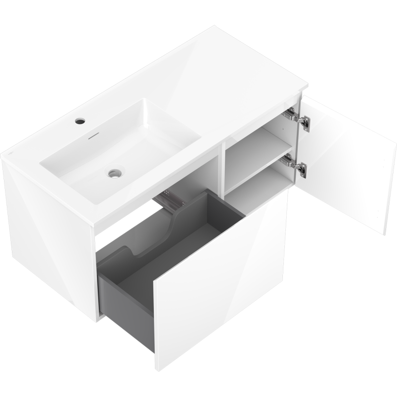 Mexen Orio bathroom cabinet 100 cm with Otis left washbasin, 1S, 1D, white gloss - 91A13-10047-3-BBFF00-W18L00