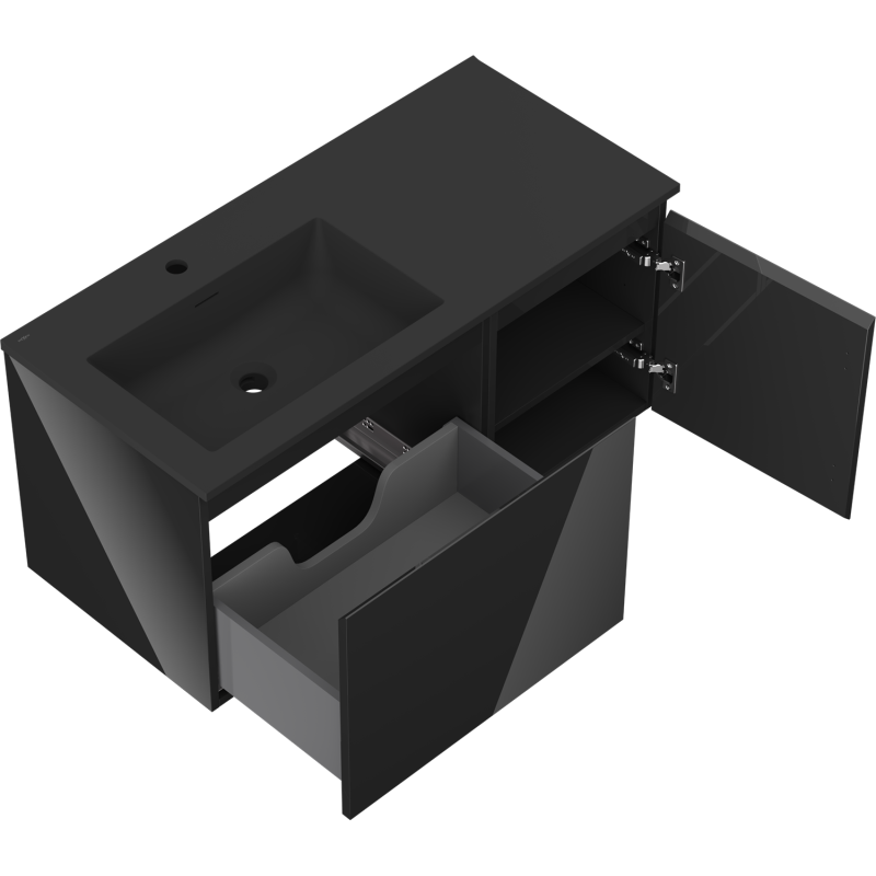 Mexen Orio 100 cm Bathroom Cabinet with Otis Left Sink, 1S, 1D, Black Gloss/Black Matte - 91A13-10047-3-BBFF70-W18L71