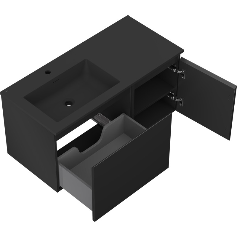 Mexen Orio 100 cm Bathroom Cabinet with Otis Left Sink, 1S, 1D, Matte Black - 91A13-10047-3-BBFF71-W18L71