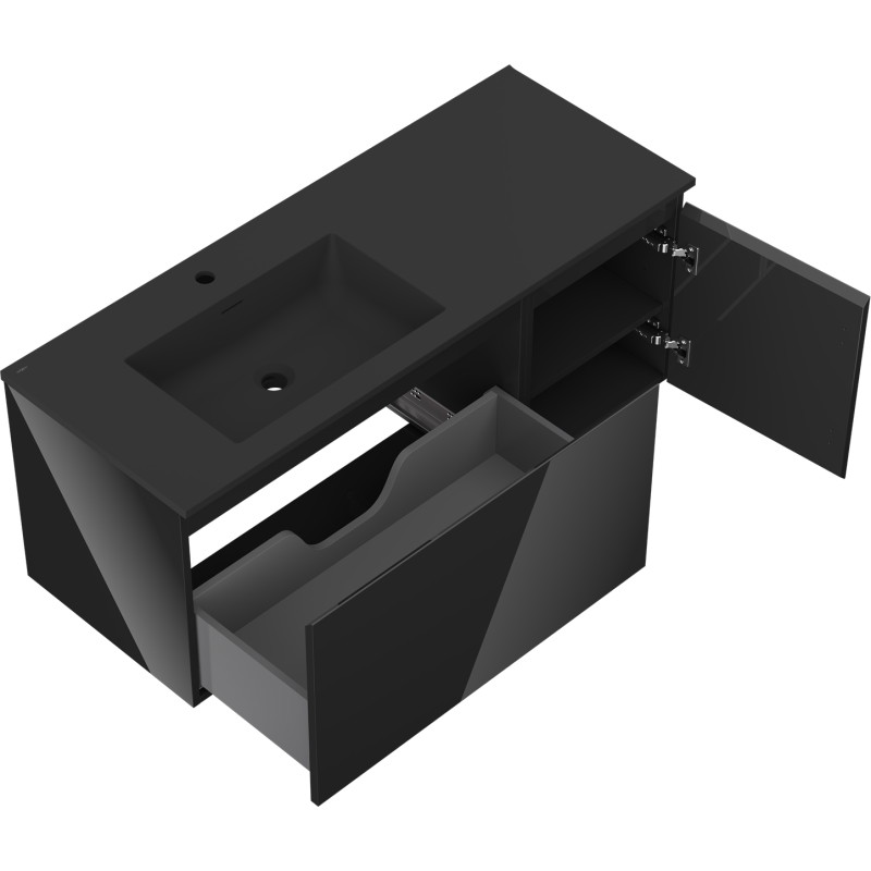 Mexen Orio 120 cm Bathroom Cabinet with Otis Left Sink, 1 Drawer, 1 Door, Black Gloss/Black Matte - 91A13-12047-3-BBFF70-W18L71