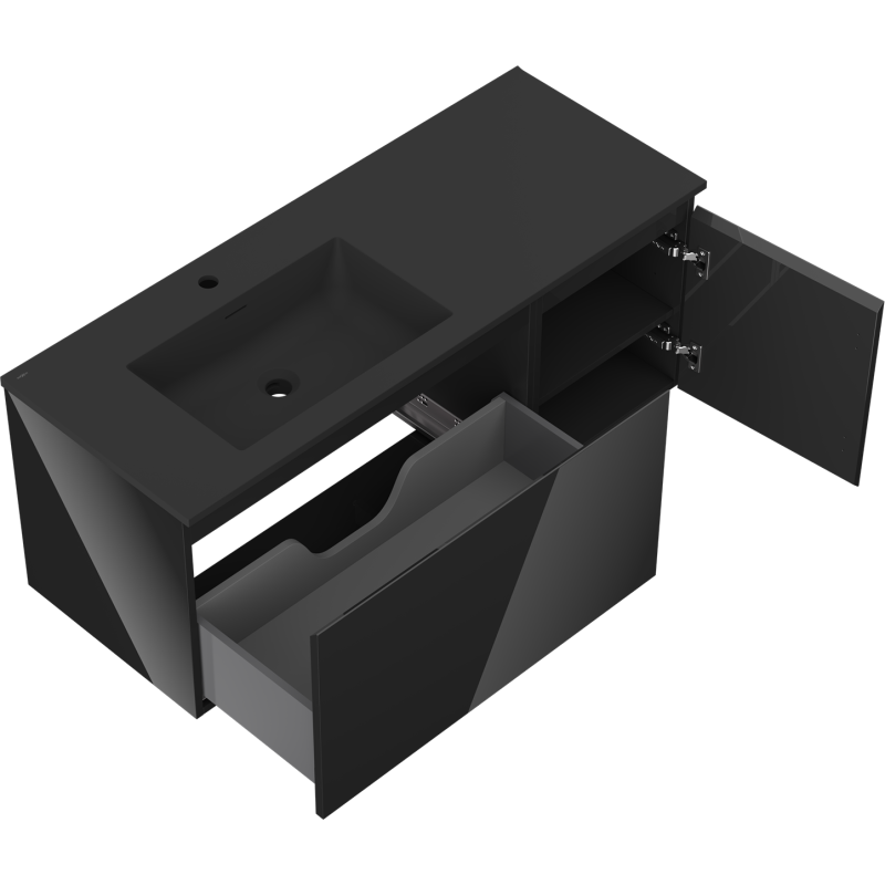 Mexen Orio bathroom cabinet 120 cm with Otis left sink, 1S, 1D, black gloss/black matte - 91A13-12047-3-BBFF70-W18L71