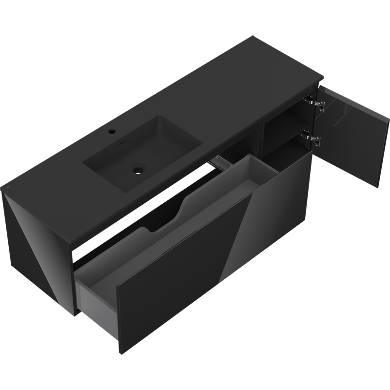 Mexen Orio 160 cm Bathroom Cabinet with Otis Left Sink, 1S, 1D, Black Gloss/Black Matte - 91A13-16047-3-BBFF70-W18L71