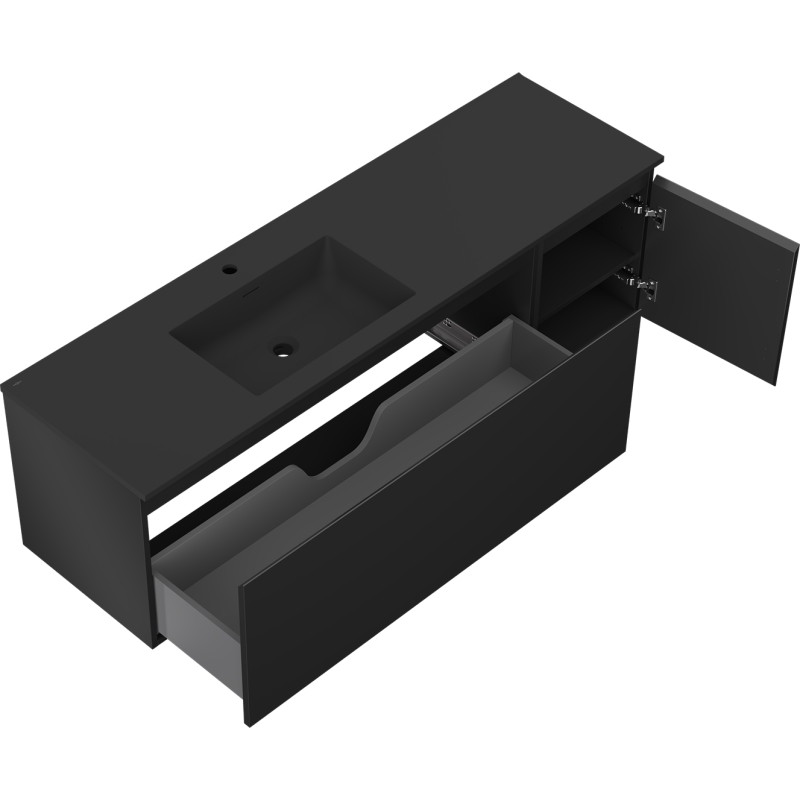 Mexen Orio 160 cm bathroom cabinet with left Otis sink, 1S, 1D, matte black - 91A13-16047-3-BBFF71-W18L71