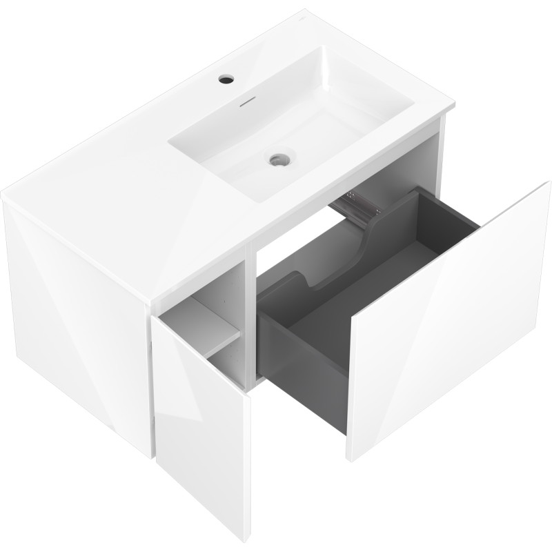 Mexen Orio 90 cm bathroom cabinet with Otis right sink, 1S, 1D, white gloss - 91A13-09047-3-BBFF00-W18P00