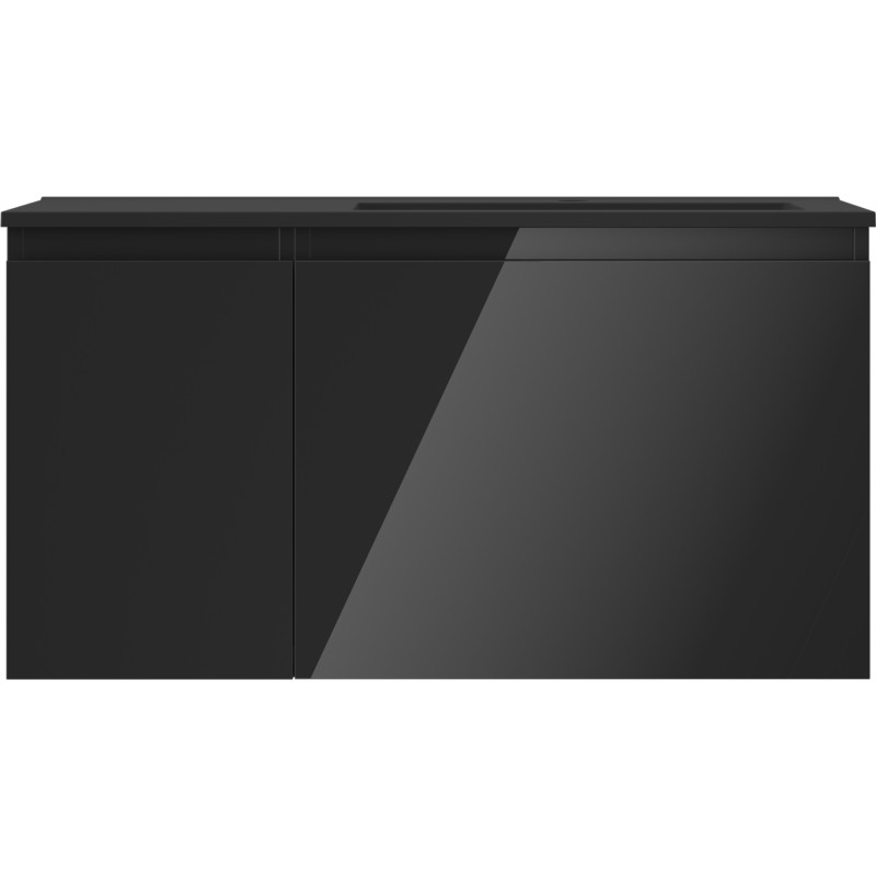 Mexen Orio 90 cm bathroom cabinet with right Otis sink, 1 drawer, 1 door, black gloss/black matte - 91A13-09047-3-BBFF70-W18P71