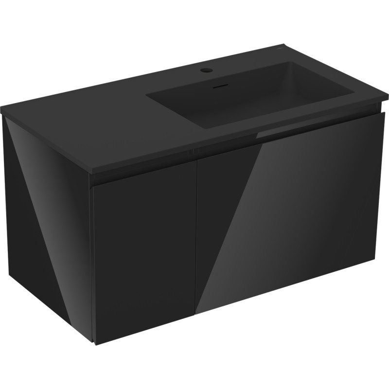 Mexen Orio 90 cm bathroom cabinet with right Otis sink, 1 drawer, 1 door, black gloss/black matte - 91A13-09047-3-BBFF70-W18P71
