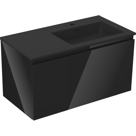 Mexen Orio 90 cm bathroom cabinet with right Otis sink, 1 drawer, 1 door, black gloss/black matte - 91A13-09047-3-BBFF70-W18P71