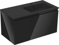 Mexen Orio 90 cm bathroom cabinet with right Otis sink, 1 drawer, 1 door, black gloss/black matte - 91A13-09047-3-BBFF70-W18P71