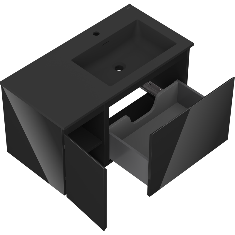 Mexen Orio bathroom cabinet 90 cm with Otis right sink, 1S, 1D, black gloss/black matte - 91A13-09047-3-BBFF70-W18P71