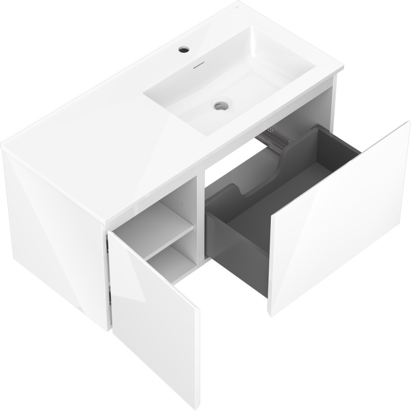 Mexen Orio 100 cm bathroom cabinet with Otis sink right, 1S, 1D, white gloss - 91A13-10047-3-BBFF00-W18P00