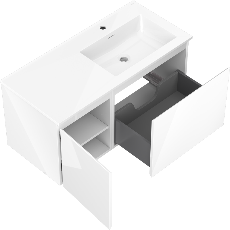 Mexen Orio bathroom cabinet 100 cm with Otis right sink, 1S, 1D, white gloss - 91A13-10047-3-BBFF00-W18P00