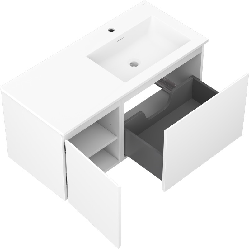 Mexen Orio 100 cm Bathroom Cabinet with Otis Right Sink, 1 Drawer, 1 Door, Matte White - 91A13-10047-3-BBFF01-W18P01