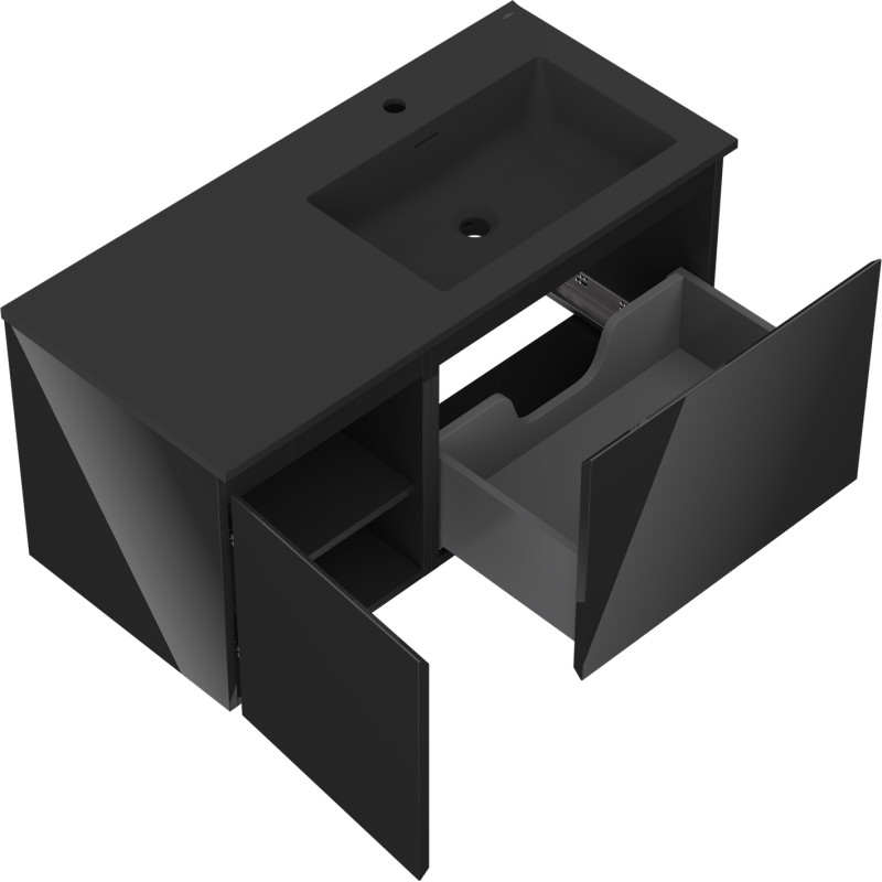 Mexen Orio 100 cm Bathroom Cabinet with Otis Sink Right, 1S, 1D, Black Gloss/Black Matte - 91A13-10047-3-BBFF70-W18P71