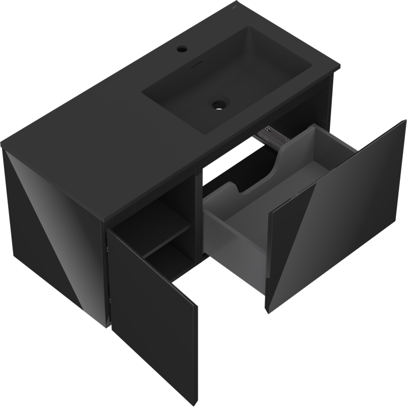 Mexen Orio bathroom cabinet 100 cm with right Otis sink, 1S, 1D, black gloss/black matte - 91A13-10047-3-BBFF70-W18P71