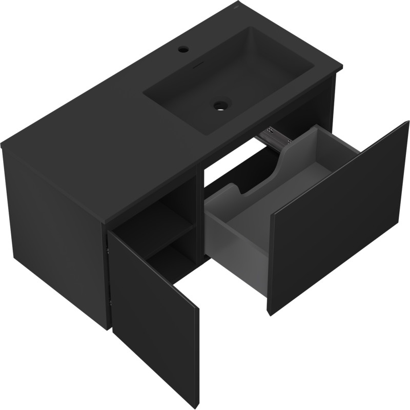 Mexen Orio 100 cm bathroom cabinet with right Otis sink, 1D, 1S, black matte - 91A13-10047-3-BBFF71-W18P71