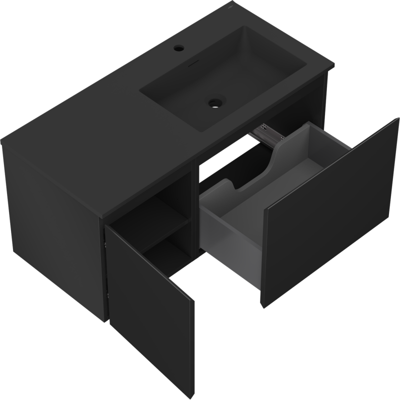 Mexen Orio bathroom cabinet 100 cm with Otis right-sided sink, 1 drawer, 1 door, black matte - 91A13-10047-3-BBFF71-W18P71