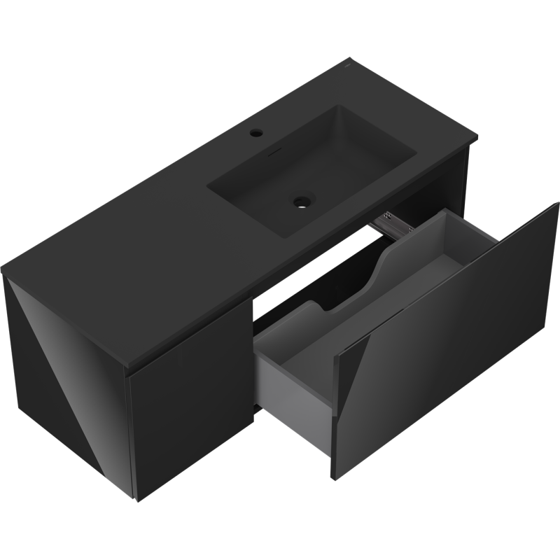 Mexen Orio bathroom cabinet 120 cm with Otis right sink, 1S, 1D, black gloss/black matte - 91A13-12047-3-BBFF70-W18P71