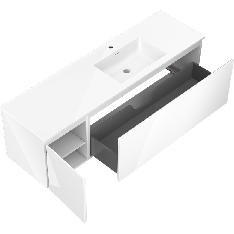 Mexen Orio 160 cm bathroom cabinet with Otis right sink, 1S, 1D, white gloss - 91A13-16047-3-BBFF00-W18P00