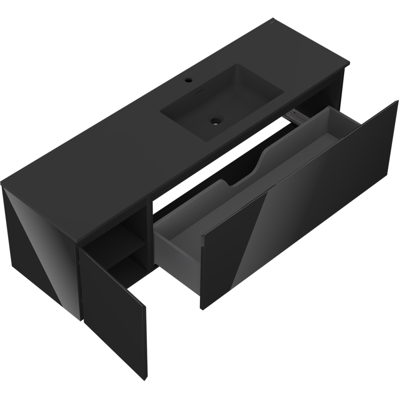 Mexen Orio bathroom cabinet 160 cm with Otis right sink, 1S, 1D, black gloss/black matte - 91A13-16047-3-BBFF70-W18P71