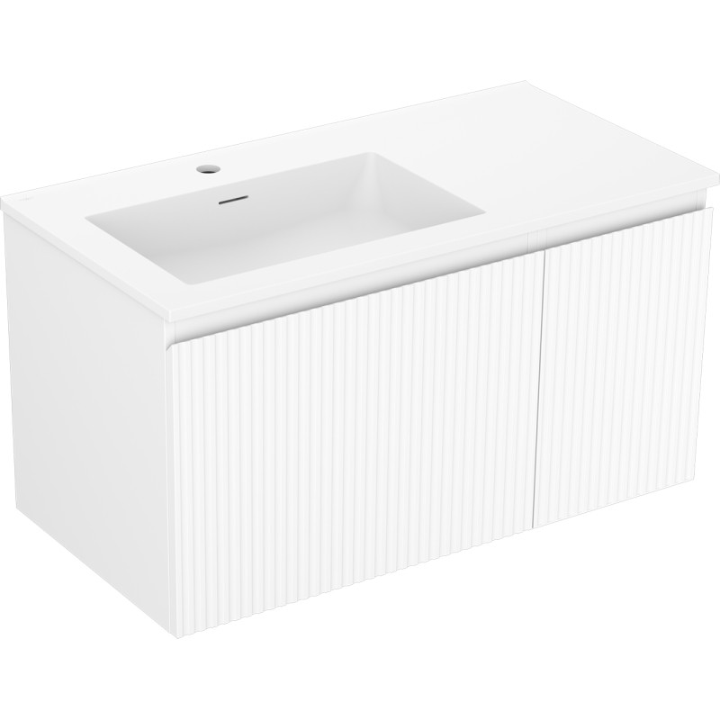 Mexen Rivel 90 cm Bathroom Cabinet with Otis Left Sink, 1S, 1D, Fluted, White Matte - 91A23-09047-3-BBFF01-W18L01