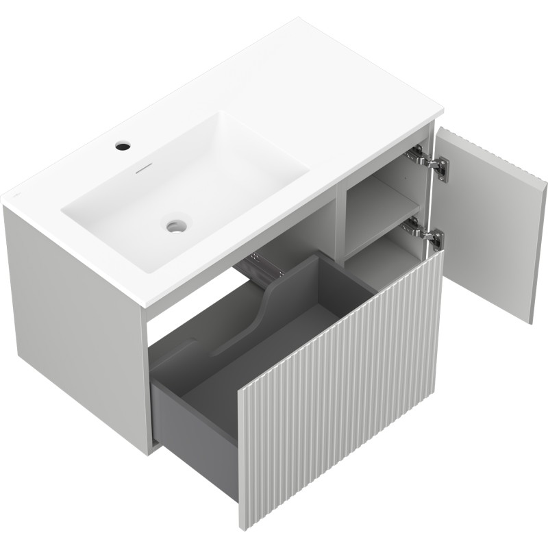 Mexen Rivel 90 cm bathroom cabinet with Otis left sink, 1S, 1D, grooved, gray matte/white matte - 91A23-09047-3-BBFF62-W18L01