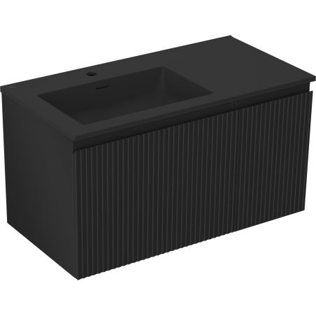 Mexen Rivel bathroom cabinet 90 cm with left Otis sink, 1S, 1D, grooved, black matte - 91A23-09047-3-BBFF71-W18L71