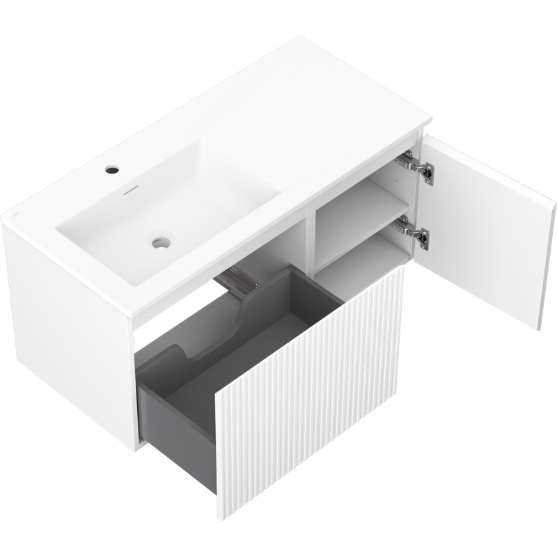 Mexen Rivel 100 cm bathroom cabinet with Otis left sink, 1S, 1D, grooved, white matte - 91A23-10047-3-BBFF01-W18L01