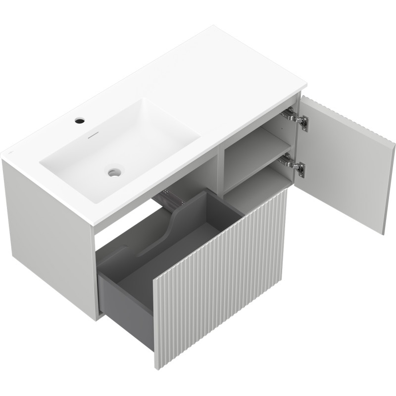 Mexen Rivel 100 cm Bathroom Cabinet with Left Otis Sink, 1S, 1D, Grooved, Gray Matte/White Matte - 91A23-10047-3-BBFF62-W18L01