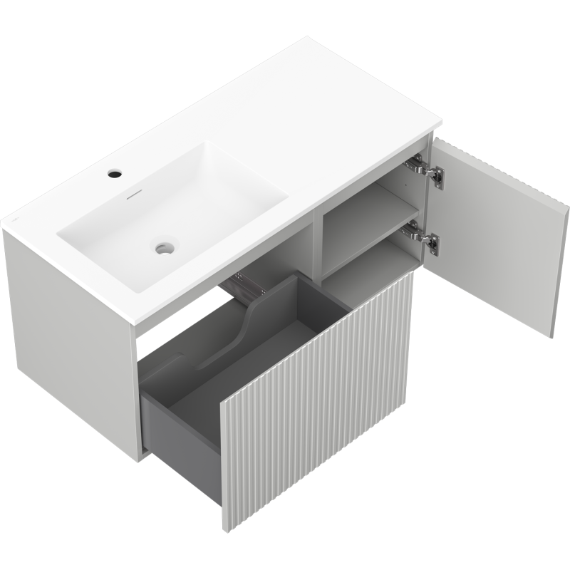 Mexen Rivel Bathroom Cabinet 100 cm with Otis Left Sink, 1S, 1D, Grooved, Gray Matte/White Matte - 91A23-10047-3-BBFF62-W18L01