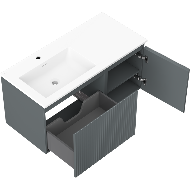 Mexen Rivel 100 cm bathroom cabinet with left Otis sink, 1S, 1D, grooved, matte graphite/white matte