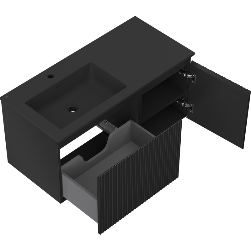 Mexen Rivel bathroom cabinet 100 cm with Otis left washbasin, 1S, 1D, ribbed, black matte - 91A23-10047-3-BBFF71-W18L71