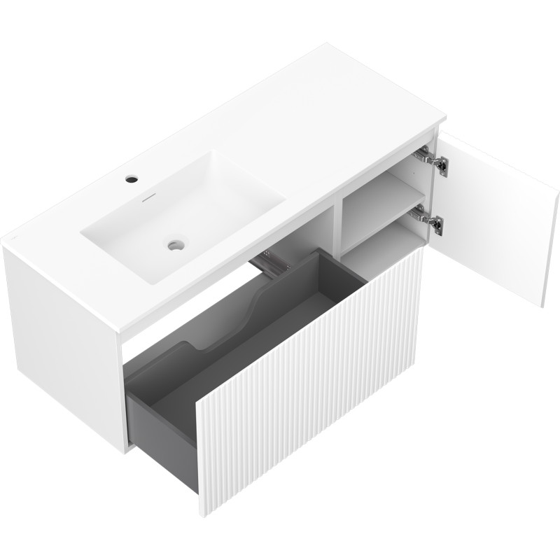 Mexen Rivel 120 cm bathroom cabinet with Otis left sink, 1S, 1D, grooved, white matte - 91A23-12047-3-BBFF01-W18L01
