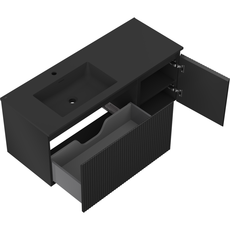 Mexen Rivel 120 cm Bathroom Cabinet with Otis Left Sink, 1S, 1D, Fluted, Black Matte - 91A23-12047-3-BBFF71-W18L71