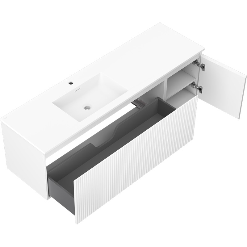 Mexen Rivel 160 cm bathroom cabinet with Otis left sink, 1S, 1D, fluted, white matte - 91A23-16047-3-BBFF01-W18L01