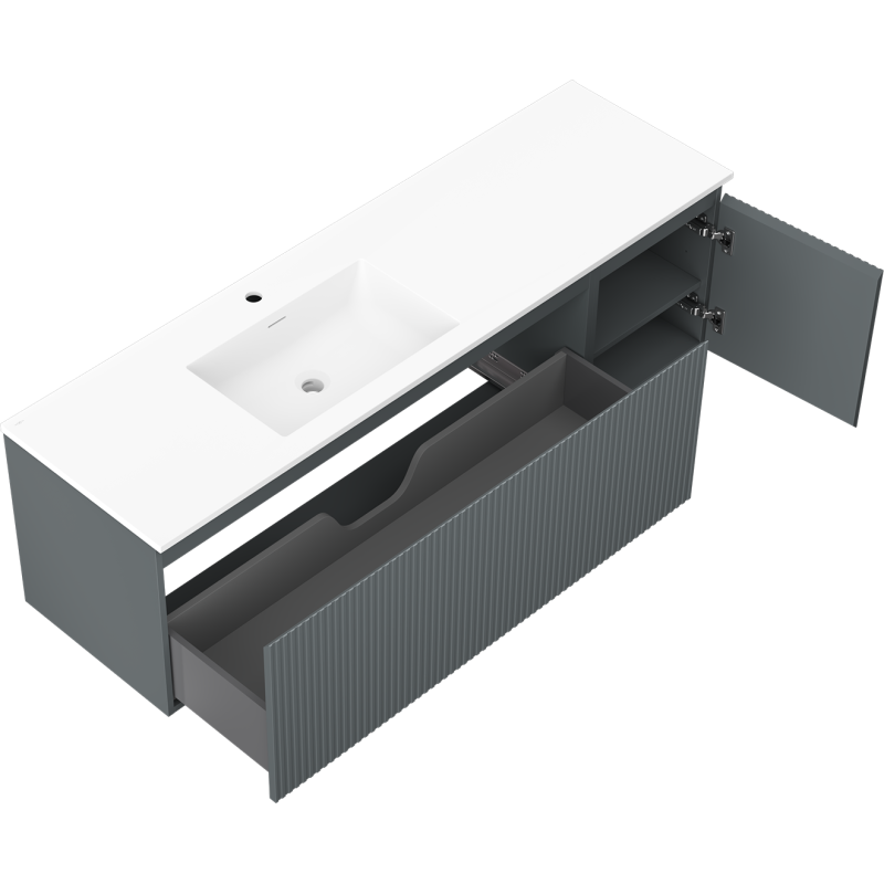 Mexen Rivel bathroom cabinet 160 cm with Otis left sink, 1S, 1D, fluted, graphite matte/white matte