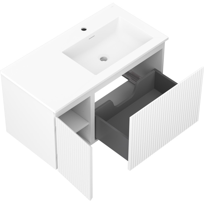 Mexen Rivel 90 cm bathroom cabinet with right sink Otis, 1S, 1D, grooved, white matte - 91A23-09047-3-BBFF01-W18P01