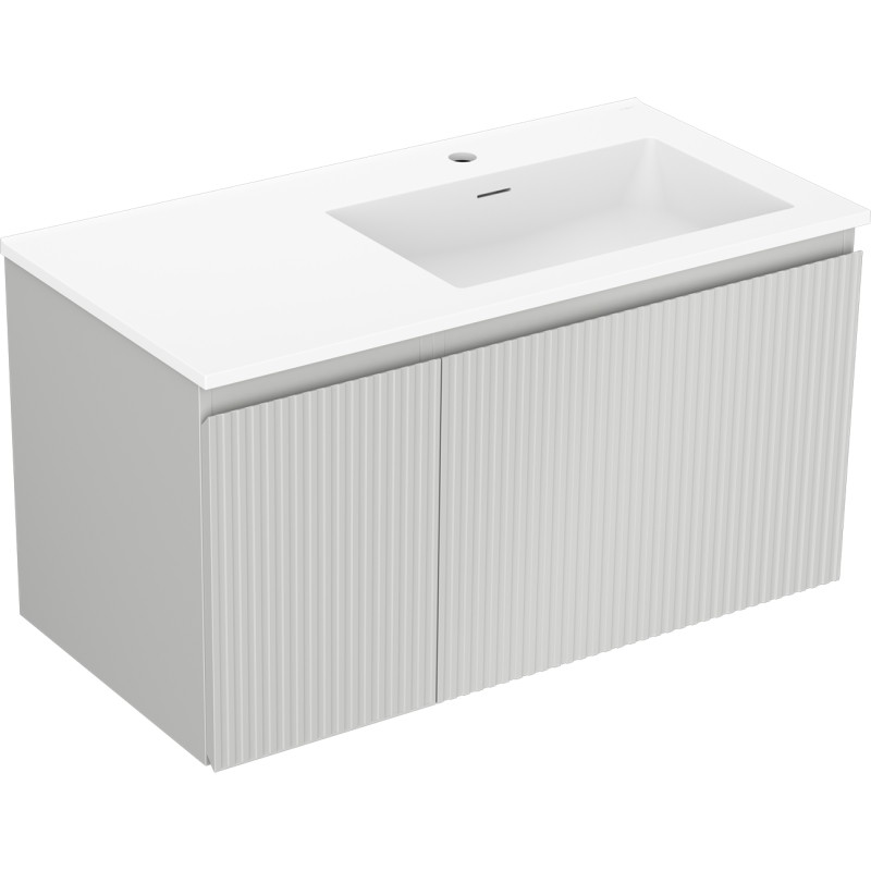 Mexen Rivel bathroom cabinet 90 cm with Otis sink right, 1S, 1D, grooved, matte gray/white matte - 91A23-09047-3-BBFF62-W18P01