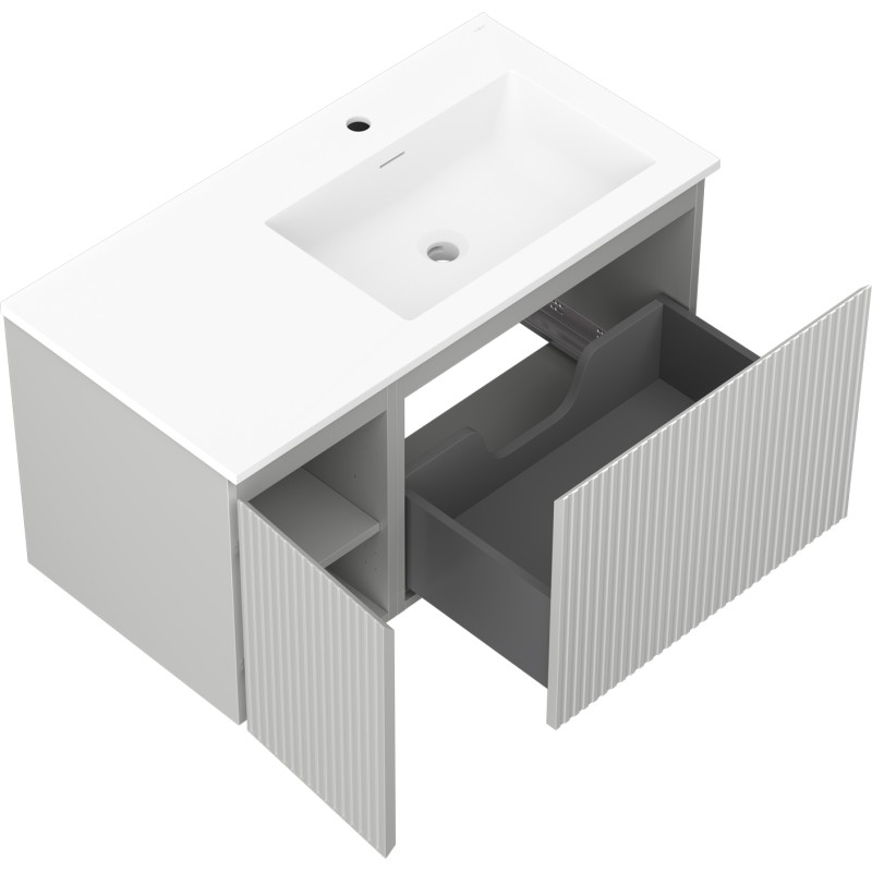 Mexen Rivel bathroom cabinet 90 cm with Otis sink right, 1S, 1D, grooved, matte gray/white matte - 91A23-09047-3-BBFF62-W18P01
