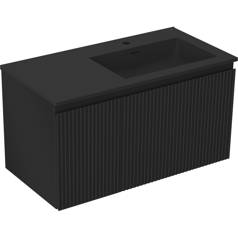Mexen Rivel bathroom cabinet 90 cm with Otis right sink, 1S, 1D, fluted, black matte - 91A23-09047-3-BBFF71-W18P71