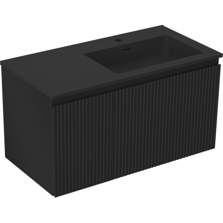 Mexen Rivel 90 cm Bathroom Cabinet with Otis Right Sink, 1 Drawer, 1 Door, Grooved, Matte Black - 91A23-09047-3-BBFF71-W18P71