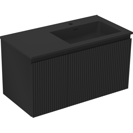 Mexen Rivel bathroom cabinet 90 cm with Otis right sink, 1S, 1D, fluted, black matte - 91A23-09047-3-BBFF71-W18P71