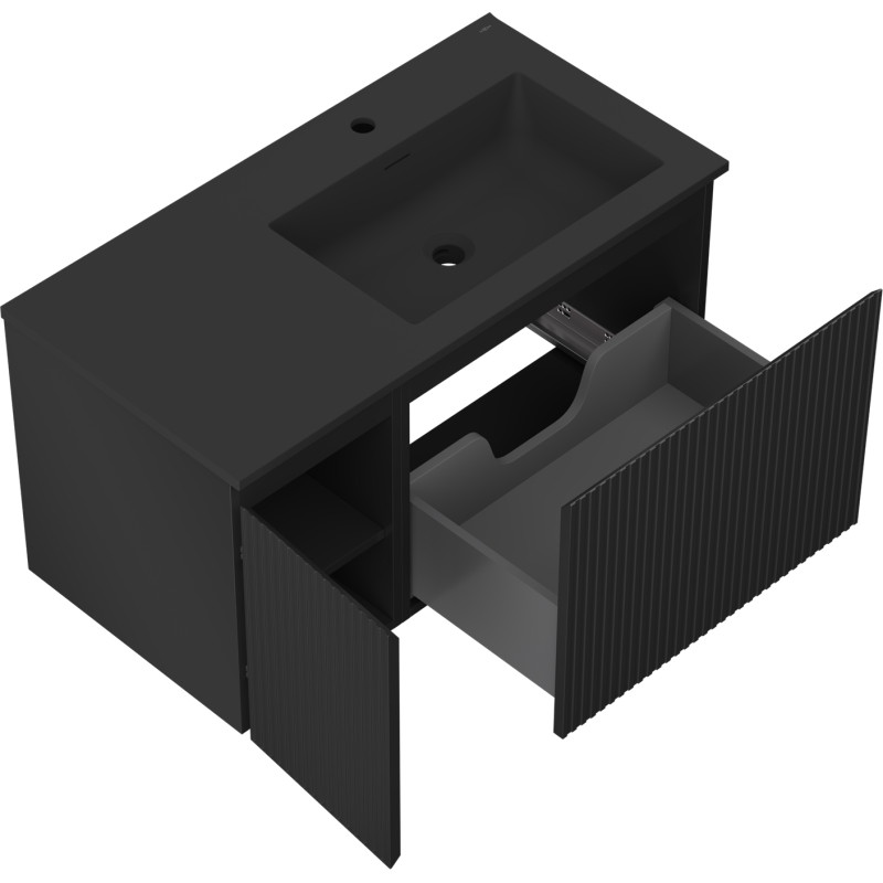 Mexen Rivel 90 cm Bathroom Cabinet with Otis Right Sink, 1 Drawer, 1 Door, Grooved, Matte Black - 91A23-09047-3-BBFF71-W18P71