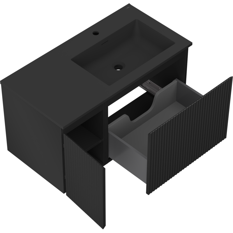 Mexen Rivel bathroom cabinet 90 cm with Otis right sink, 1S, 1D, fluted, black matte - 91A23-09047-3-BBFF71-W18P71