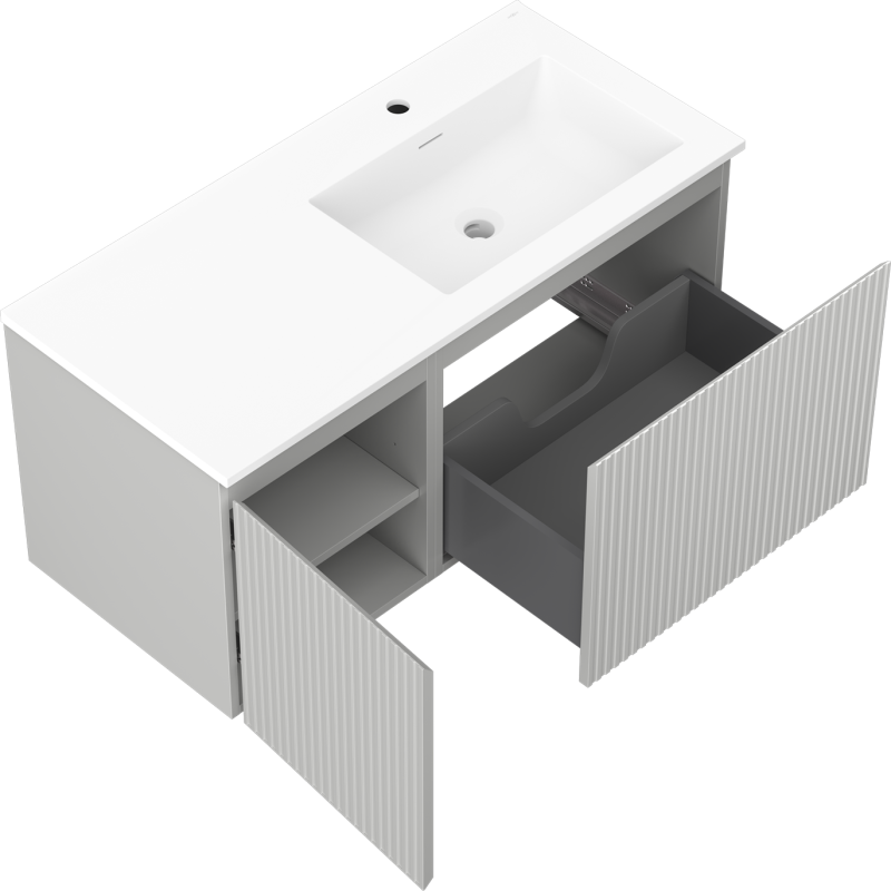 Mexen Rivel bathroom cabinet 100 cm with Otis sink right, 1S, 1D, grooved, gray matte/white matte - 91A23-10047-3-BBFF62-W18P01