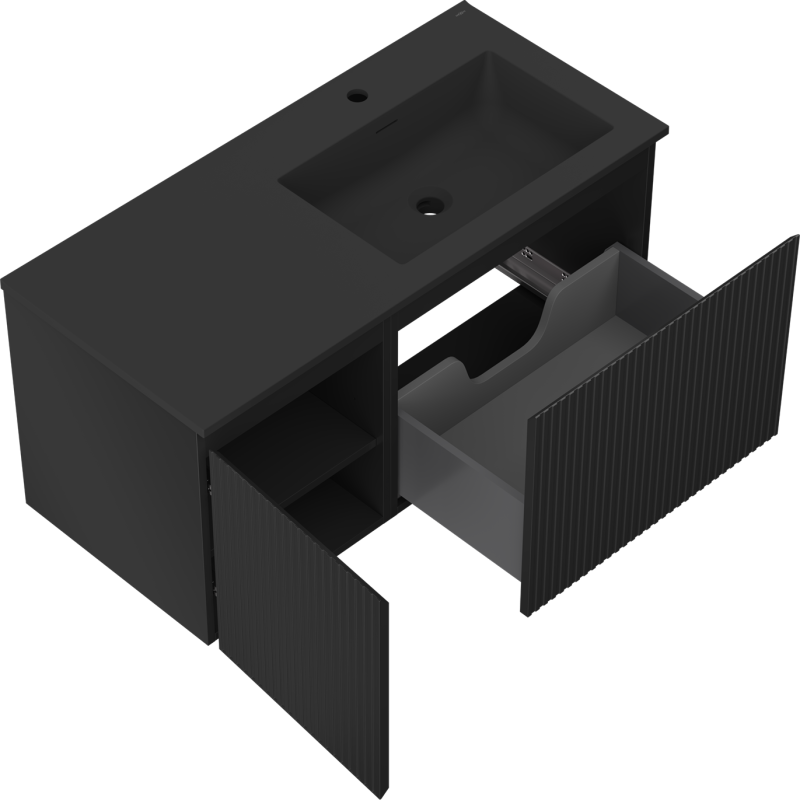 Mexen Rivel bathroom cabinet 100 cm with Otis sink on the right, 1S, 1D, grooved, black matte - 91A23-10047-3-BBFF71-W18P71