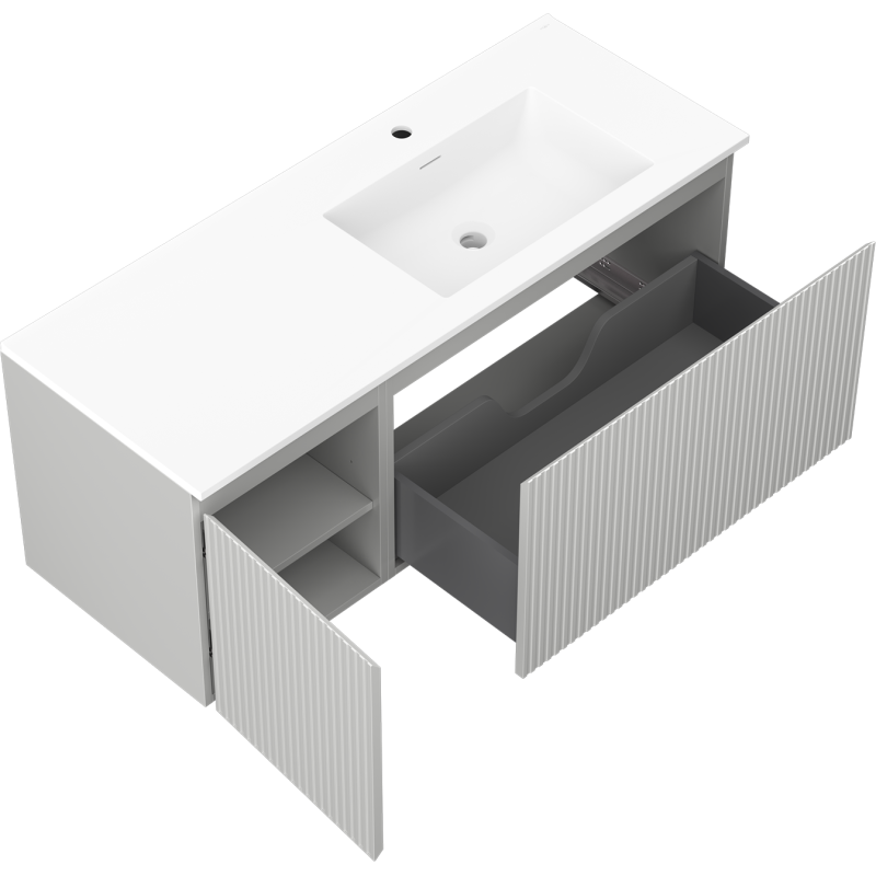 Mexen Rivel bathroom cabinet 120 cm with Otis right sink, 1S, 1D, fluted, gray matte/white matte - 91A23-12047-3-BBFF62-W18P01