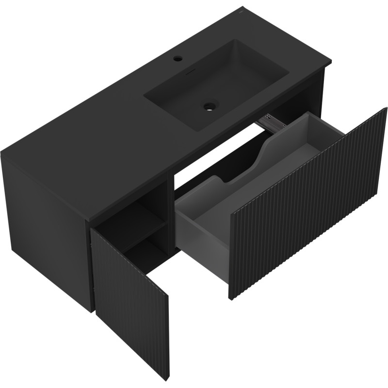 Mexen Rivel 120 cm bathroom cabinet with right Otis sink, 1 drawer, 1 door, grooved, matte black - 91A23-12047-3-BBFF71-W18P71