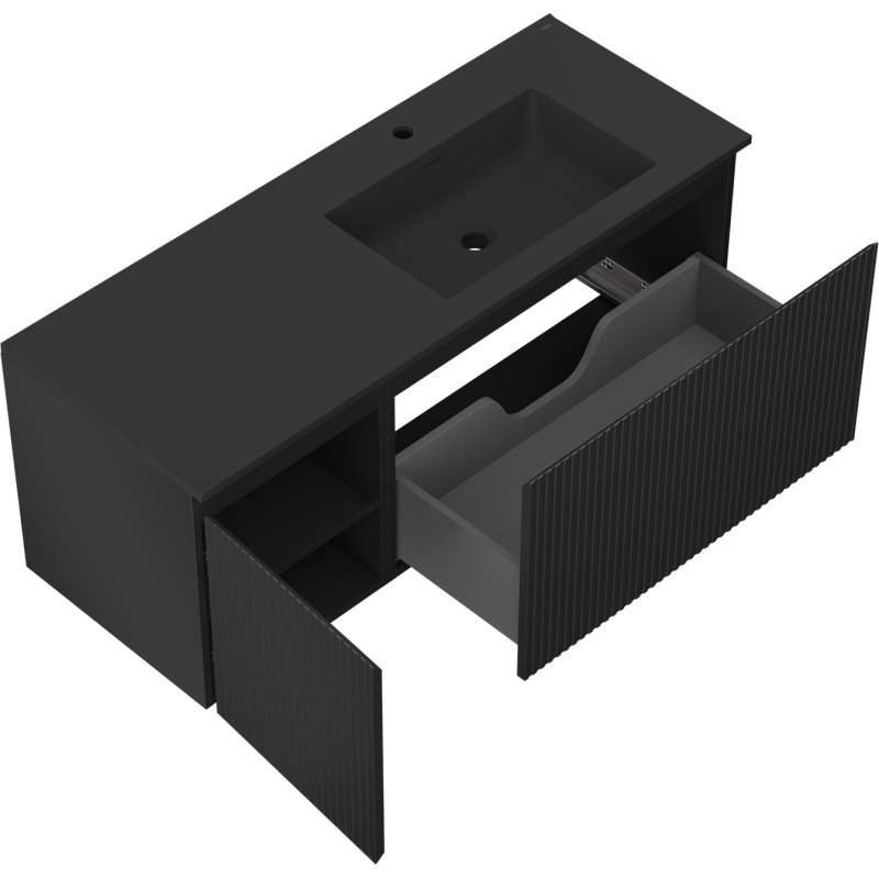 Mexen Rivel bathroom cabinet 120 cm with right Otis sink, 1S, 1D, grooved, black matte - 91A23-12047-3-BBFF71-W18P71