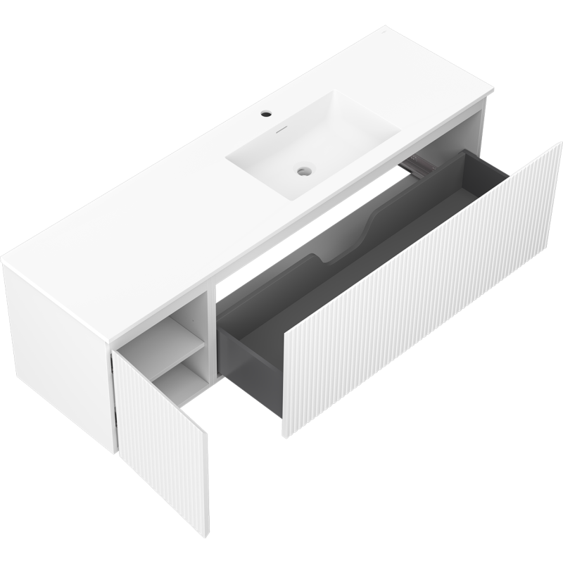 Mexen Rivel 160 cm Bathroom Cabinet with Otis Right Sink, 1 Drawer, 1 Door, Grooved, Matte White - 91A23-16047-3-BBFF01-W18P01